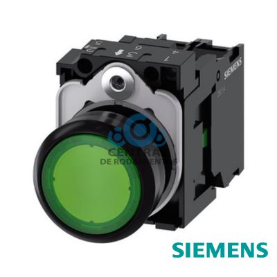 pulsador luminoso, 22 mm, redondo, plástico, verde, botón, rasante, momentáneo, con soporte, 1 NA, módulo de LED con LED intgr. 24 V AC/DC, borne de tornillo