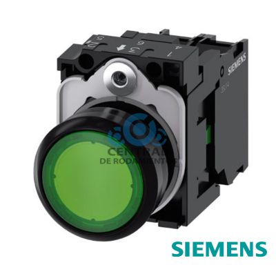 pulsador luminoso, 22 mm, redondo, plástico, verde, botón, rasante, momentáneo, con soporte, 1 NA, módulo de LED con LED intgr. 110 V AC, borne de tornillo