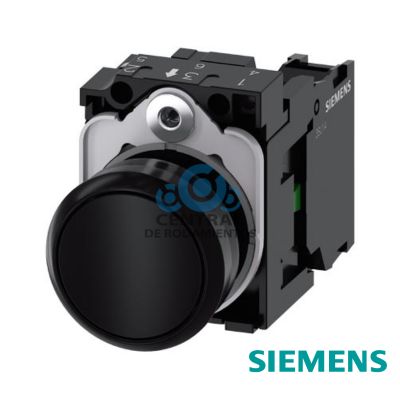 pulsador, 22 mm, redondo, plástico, negro, botón, rasante, momentáneo, con soporte, 1 NA, borne de tornillo