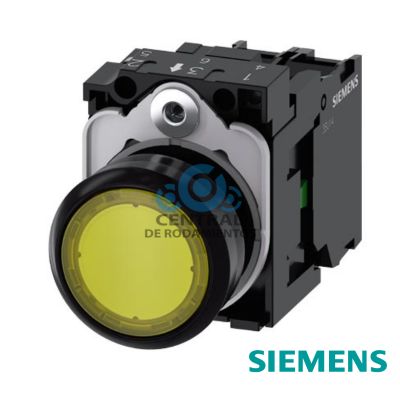 pulsador luminoso, 22 mm, redondo, plástico, amarillo, botón, rasante, momentáneo, con soporte, 1 NA, módulo de LED con LED intgr. 230 V AC, borne de tornillo