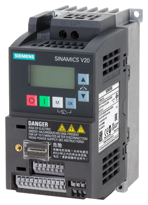 SINAMICS V20 200-240 V 1 AC –10/+10% 47-63 Hz potencia nominal 0,75 kW con sobrecarga del 150 % durante 60 s sin filtrar E/S: 4 DI, 2 DO, 2 AI, 1 AO bus de campo: USS/Modbus RTU con panel de