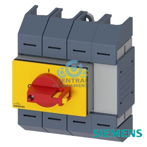 interruptor-seccionador 63 A, tam. 02, 4 polos accionamiento frontal central unidad completa con accionamiento directo rojo/amarillo borne tipo marco