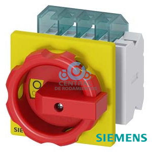 SENTRON, interruptor-seccionador 3LD, Pulsador de parada de emergencia, 3 polos, Iu: 16 A, Potencia de empleo / con AC-23 A a 400 V: 7,5 kW, con fijación frontal, 1NC, 1NA, Accionamiento giratorio, rojo/amarillo, 4 taladros Fijación de la maneta
