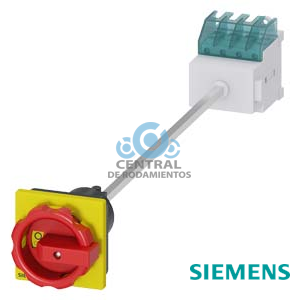 SENTRON, interruptor-seccionador 3LD, Pulsador de parada de emergencia, 3 polos, Iu: 16 A, Potencia de empleo / con AC-23 A a 400 V: 7,5 kW, Fijación en base con acoplamiento de puerta, Accionamiento giratorio, rojo/amarillo, Fijación por 4 taladros de la maneta