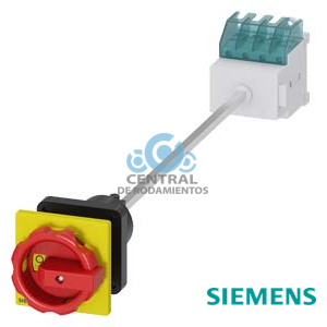 SENTRON, interruptor-seccionador 3LD, Pulsador de parada de emergencia, 4- polos, Iu: 16 A, Potencia de empleo / con AC-23 A a 400 V: 7,5 kW, Fijación en base con acoplamiento de puerta, Accionamiento giratorio, rojo/amarillo, fijación central 22,5 mm de la maneta