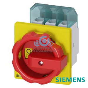SENTRON, interruptor-seccionador 3LD, Pulsador de parada de emergencia, 3 polos, Iu: 25 A, Potencia de empleo / con AC-23 A a 400 V: 9,5 kW, con fijación frontal, Accionamiento giratorio, rojo/amarillo, Fijación por 4 taladros de la maneta