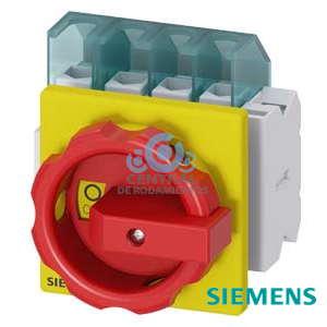 SENTRON, interruptor-seccionador 3LD, Pulsador de parada de emergencia, 4- polos, Iu: 25 A, Potencia de empleo / con AC-23 A a 400 V: 9,5 kW, con fijación frontal, 1NC, 1NA, Accionamiento giratorio, rojo/amarillo, 4 taladros Fijación de la maneta