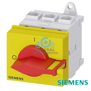 SENTRON, interruptor-seccionador 3LD, Pulsador de parada de emergencia, 3 polos, Iu: 25 A, Potencia de empleo / con AC-23 A a 400 V: 9,5 kW, montaje en armarios de distribución, accionamiento de muletilla, rojo/amarillo, Manilla directamente en el interruptor