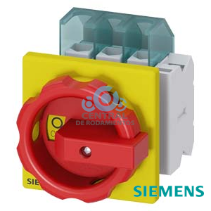 SENTRON, interruptor-seccionador 3LD, Pulsador de parada de emergencia, 3 polos, Iu: 32 A, Potencia de empleo / con AC-23 A a 400 V: 11,5 kW, con fijación frontal, 1NC, 1NA, Accionamiento giratorio, rojo/amarillo, 4 taladros Fijación de la maneta