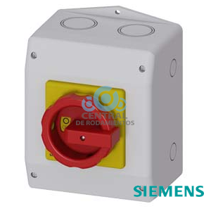 SENTRON, interruptor-seccionador 3LD, Pulsador de parada de emergencia, 6 polos, Iu: 32 A, Potencia de empleo / con AC-23 A a 400 V: 11,5 kW, Caja de material aislante para pasacables métrico, 1NC, 1NA, Accionamiento giratorio, rojo/amarillo