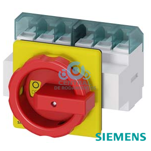 SENTRON, interruptor-seccionador 3LD, Pulsador de parada de emergencia, 6 polos, Iu: 63 A, Potencia de empleo / con AC-23 A a 400 V: 22 kW, con fijación frontal, Accionamiento giratorio, rojo/amarillo, Fijación por 4 taladros de la maneta