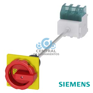 SENTRON, interruptor-seccionador 3LD, Pulsador de parada de emergencia, 3 polos, Iu: 63 A, Potencia de empleo / con AC-23 A a 400 V: 22 kW, Fijación en base con acoplamiento de puerta, Accionamiento giratorio, rojo/amarillo, fijación central 22,5 mm de la maneta