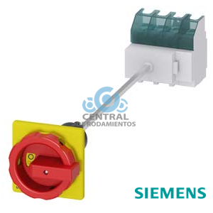 SENTRON, interruptor-seccionador 3LD, Pulsador de parada de emergencia, 4- polos, Iu: 63 A, Potencia de empleo / con AC-23 A a 400 V: 22 kW, Fijación en base con acoplamiento de puerta, Accionamiento giratorio, rojo/amarillo, fijación central 22,5 mm de la maneta