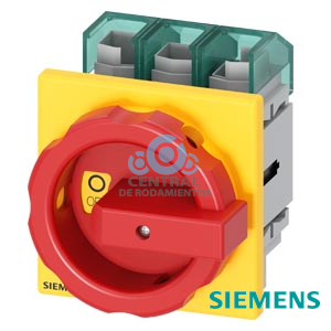 SENTRON, interruptor seccionador 3LD5 UL, pulsador de parada de emergencia, 3 polos, aprobado según UL489, UL60947-4-1 e IEC60947-3, UL: 60 A, SCCR 50 kA a 480 V AC, potencia de empleo a 480 V AC trifásico: 40 hp, IEC: 63 A, potencia de empleo con 23 A AC a 400 V: 30 kW, con fijación frontal, accionamiento giratorio, rojo/amarillo, 4 taladros fijación de la maneta, incluye tapas cubrebornes para el lado de alimentación