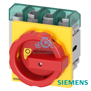 SENTRON, interruptor seccionador 3LD5 UL, pulsador de parada de emergencia, 4 polos, aprobado según UL489, UL60947-4-1 e IEC60947-3, UL: 60 A, SCCR 50 kA a 480 V AC, potencia de empleo a 480 V AC trifásico: 40 hp, IEC: 63 A, potencia de empleo con 23 A AC a 400 V: 30 kW, con fijación frontal, accionamiento giratorio, rojo/amarillo, 4 taladros fijación de la maneta, incluye tapas cubrebornes para el lado de alimentación