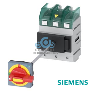 SENTRON, interruptor-seccionador 3LD5 UL, interruptor de parada de emergencia, 3 polos, aprobado según UL 489, UL 60947-4-1 e IEC 60947-3, UL: 150 A, SCCR 50 kA a 480 V AC, potencia de empleo a 480 V AC trifás.: 100 hp, IEC: 160 A, potencia de empleo con 23 A AC a 400 V: 75 kW, fijación en base con acoplamiento de puerta, variante neutralizable de accionamiento giratorio, parada de emergencia, 4 taladros fijación de la maneta sin compensación de tolerancia incluye tapas cubrebornes para el lado de alimentación