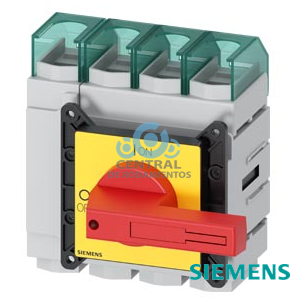 SENTRON, interruptor-seccionador 3LD5 UL, interruptor de parada de emergencia, 4 polos, aprobado según UL 489, UL 60947-4-1 e IEC 60947-3, UL: 150 A, SCCR 50 kA a 480 V AC, potencia de empleo a 480 V AC trifás.: 100 hp, IEC: 160 A, potencia de empleo con 23 A AC a 400 V: 75 kW, con fijación frontal: accionamiento giratorio, rojo/amarillo, fijación con 4 taladros de la maneta, incl. tapa cubrebornes en el lado de alimentación