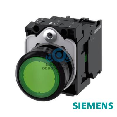 pulsador luminoso, 22 mm, redondo, plástico, verde, botón, rasante, momentáneo, con soporte, 1 NA, módulo de LED con LED intgr. 230 V AC, borne de tornillo