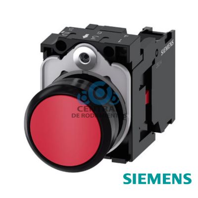 pulsador, 22 mm, redondo, plástico, rojo, botón, rasante, momentáneo, con soporte 1NC, borne de tornillo