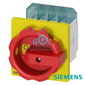 SENTRON, interruptor-seccionador 3LD, Pulsador de parada de emergencia, 4- polos, Iu: 16 A, Potencia de empleo / con AC-23 A a 400 V: 7,5 kW, con fijación frontal, Accionamiento giratorio, rojo/amarillo, Fijación por 4 taladros de la maneta