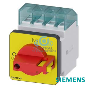 SENTRON, interruptor-seccionador 3LD, Pulsador de parada de emergencia, 4- polos, Iu: 16 A, Potencia de empleo / con AC-23 A a 400 V: 7,5 kW, con fijación frontal, accionamiento de muletilla, rojo/amarillo, Fijación por 4 taladros de la maneta