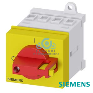 SENTRON, interruptor-seccionador 3LD, Pulsador de parada de emergencia, 4- polos, Iu: 16 A, Potencia de empleo / con AC-23 A a 400 V: 7,5 kW, montaje en armarios de distribución, accionamiento de muletilla, rojo/amarillo, Manilla directamente en el interruptor