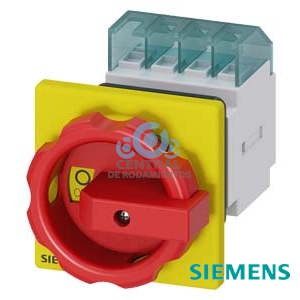 SENTRON, interruptor-seccionador 3LD, Pulsador de parada de emergencia, 4- polos, Iu: 16 A, Potencia de empleo / con AC-23 A a 400 V: 7,5 kW, con fijación frontal, Accionamiento giratorio, rojo/amarillo, fijación central 22,5 mm de la maneta