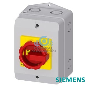 SENTRON, interruptor-seccionador 3LD, Pulsador de parada de emergencia, 4- polos, 16 A, potencia de empleo con AC-23 A a 400 V: 7,5 kW, Caja de material aislante para pasacables métrico, Accionamiento giratorio, rojo/amarillo