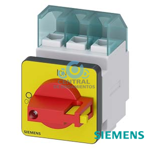 SENTRON, interruptor seccionador 3LD, pulsador de parada de emergencia, 3 polos, Iu: 25 A, potencia de empleo / con AC-23 A a 400 V: 9,5 kW, con fijación frontal  , accionamiento de muletilla, rojo/amarillo, fijación por 4 taladros de la maneta