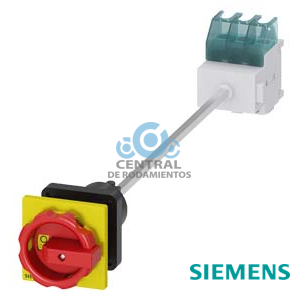 SENTRON, interruptor-seccionador 3LD, Pulsador de parada de emergencia, 3 polos, Iu: 25 A, Potencia de empleo / con AC-23 A a 400 V: 9,5 kW, Fijación en base con acoplamiento de puerta, Accionamiento giratorio, rojo/amarillo, fijación central 22,5 mm de la maneta