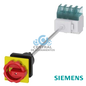 SENTRON, interruptor-seccionador 3LD, Pulsador de parada de emergencia, 4- polos, Iu: 25 A, Potencia de empleo / con AC-23 A a 400 V: 9,5 kW, Fijación en base con acoplamiento de puerta, Accionamiento giratorio, rojo/amarillo, fijación central 22,5 mm de la maneta