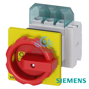 SENTRON, interruptor-seccionador 3LD, Pulsador de parada de emergencia, 3 polos, Iu: 25 A, Potencia de empleo / con AC-23 A a 400 V: 9,5 kW, con fijación frontal, 1NC, 1NA, Accionamiento giratorio, rojo/amarillo, Fijación central 22,5 mm de la maneta