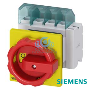 SENTRON, interruptor-seccionador 3LD, Pulsador de parada de emergencia, 4- polos, Iu: 25 A, Potencia de empleo / con AC-23 A a 400 V: 9,5 kW, con fijación frontal, 1NC, 1NA, Accionamiento giratorio, rojo/amarillo, Fijación central 22,5 mm de la maneta