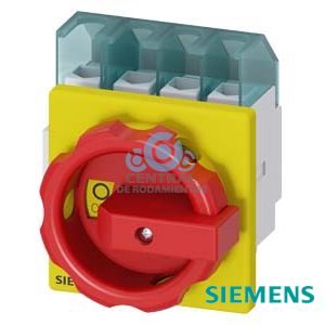 SENTRON, interruptor-seccionador 3LD, Pulsador de parada de emergencia, 4- polos, Iu: 32 A, Potencia de empleo / con AC-23 A a 400 V: 11,5 kW, con fijación frontal, Accionamiento giratorio, rojo/amarillo, Fijación por 4 taladros de la maneta
