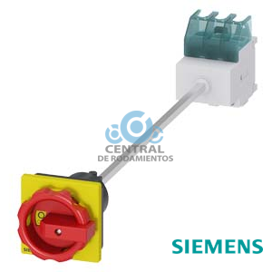 SENTRON, interruptor-seccionador 3LD, Pulsador de parada de emergencia, 3 polos, Iu: 32 A, Potencia de empleo / con AC-23 A a 400 V: 11,5 kW, Fijación en base con acoplamiento de puerta, Accionamiento giratorio, rojo/amarillo, Fijación por 4 taladros de la maneta