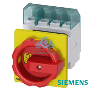 SENTRON, interruptor-seccionador 3LD, Pulsador de parada de emergencia, 4- polos, Iu: 32 A, Potencia de empleo / con AC-23 A a 400 V: 11,5 kW, con fijación frontal, Accionamiento giratorio, rojo/amarillo, fijación central 22,5 mm de la maneta