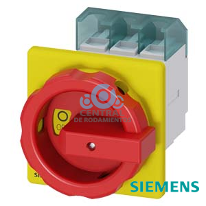 SENTRON, interruptor-seccionador 3LD, Pulsador de parada de emergencia, 3 polos, Iu: 63 A, Potencia de empleo / con AC-23 A a 400 V: 22 kW, con fijación frontal, Accionamiento giratorio, rojo/amarillo, fijación central 22,5 mm de la maneta