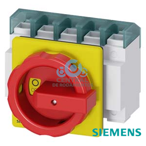 SENTRON, interruptor-seccionador 3LD, Pulsador de parada de emergencia, 4- polos, 100 A, potencia de empleo con AC-23 A a 400 V: 37 kW, con fijación frontal, Accionamiento giratorio, rojo/amarillo, Fijación por 4 taladros de la maneta