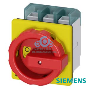 SENTRON, interruptor-seccionador 3LD, Pulsador de parada de emergencia, 3 polos, Iu: 125 A, Potencia de empleo / con AC-23 A a 400 V: 45 kW, con fijación frontal, Accionamiento giratorio, rojo/amarillo, Fijación por 4 taladros de la maneta
