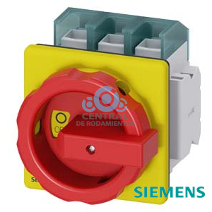 SENTRON, interruptor-seccionador 3LD, Pulsador de parada de emergencia, 3 polos, Iu: 125 A, Potencia de empleo / con AC-23 A a 400 V: 45 kW, con fijación frontal, 1NC, 1NA, Accionamiento giratorio, rojo/amarillo, 4 taladros Fijación de la maneta