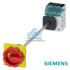 Interruptor-seccionador 3LD3, Iu 63 A Interruptor principal 3 polos + N potencia asignada de empleo con AC-23 A, con 400V 22,0kW fijación en la base Cuerpo con acoplamiento de puerta Fijación a taladro central 22,5 mm Mando giratorio rojo/amarillo 66 x 66 mm
