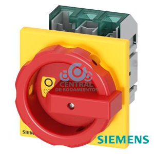 SENTRON, interruptor-seccionador 3LD5 UL, interruptor de parada de emergencia, 3 polos, aprobado según UL 489, UL 60947-4-1 e IEC 60947-3, UL: 30 A, SCCR 50 kA a 480 V AC, potencia de empleo a 480 V AC trifás.: 20 hp, IEC: 32 A, potencia de empleo con 23 A AC a 400 V: 15 kW, con fijación frontal: accionamiento giratorio, rojo/amarillo, fijación con 4 taladros de la maneta, incl. tapa cubrebornes en el lado de alimentación