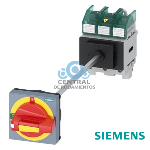 SENTRON, interruptor seccionador 3LD5 UL, pulsador de parada de emergencia, 3 polos, aprobado según UL489, UL60947-4-1 e IEC60947-3, UL: 60 A, SCCR 50 kA a 480 V AC, potencia de empleo a 480 V AC trifásico: 40 hp, IEC: 63 A, potencia de empleo con 23 A AC a 400 V: 30 kW, fijación en base con acoplamiento de puerta, variante neutralizable de accionamiento giratorio, parada de emergencia, 4 taladros fijación de la maneta, sin compensación de tolerancia, incluye tapas cubrebornes para el lado de alimentación